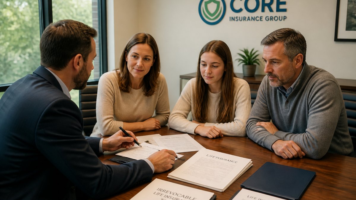 Advisor explaining the step-by-step process of setting up irrevocable life insurance trusts to a family