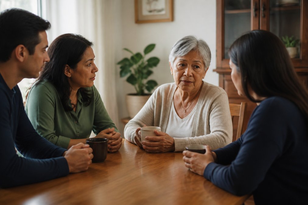 Adult family members gathered around a dining table having a calm, serious conversation with an older parent in warm natural lighting, showing openness and attentive listening