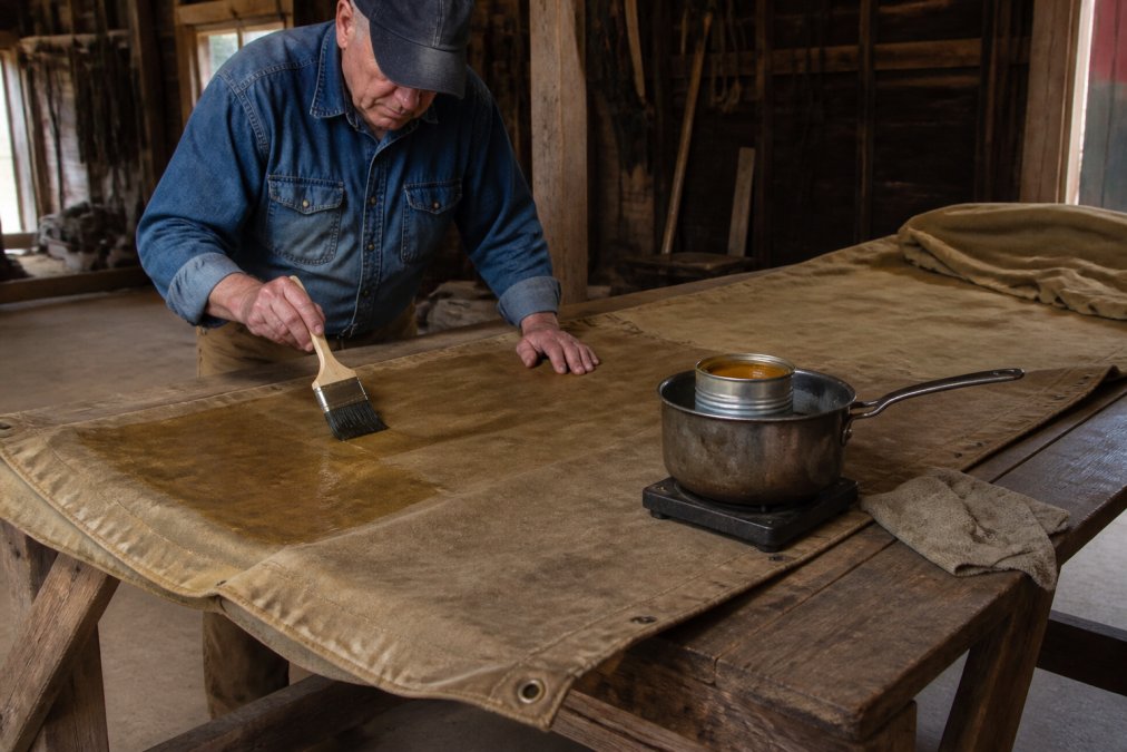 Farmer applying oilskin wax to a canvas tarp, protecting farm gear from harsh weather while working in a barn.