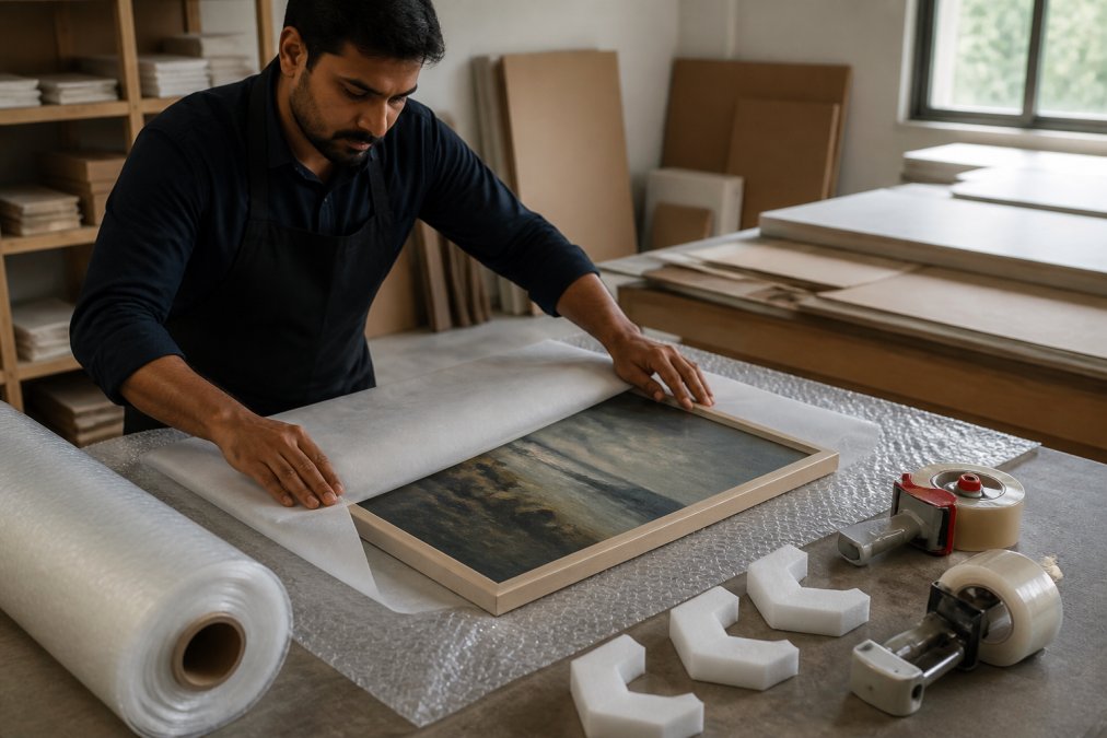 A person carefully wrapping a framed painting in glassine paper and bubble wrap on a clean worktable, with foam corners and packing tape arranged nearby under bright studio lighting