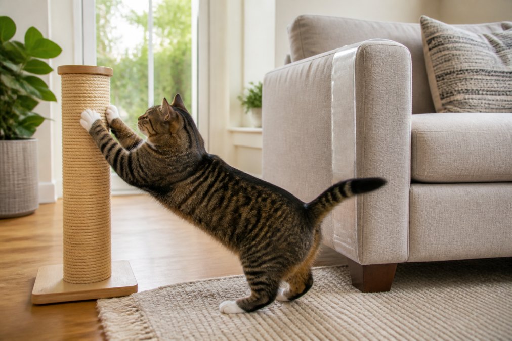 Cat stretching its claws on a sisal post next to a sofa protected by adhesive deterrent tape