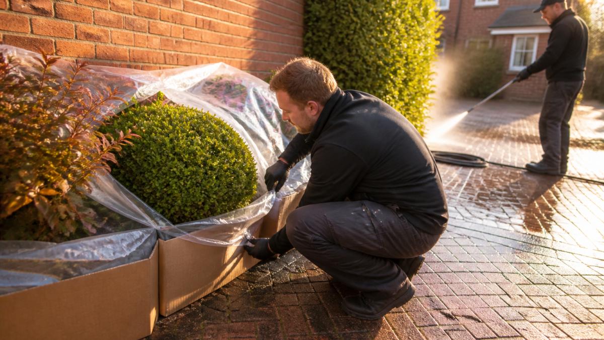 Professional demonstrating protecting garden plants during pressure washing with clear plastic sheeting and cardboard barriers around shrubs and flowers, pressure washing nozzle visible in background at safe distance