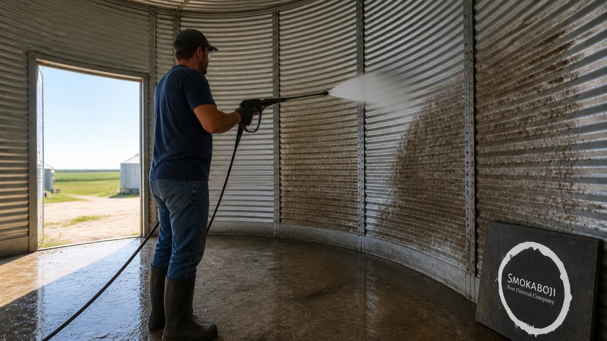 Worker using pressure washer to clean interior grain bin walls, removing old grain residue and dust buildup before refilling, with natural daylight visible through bin opening
