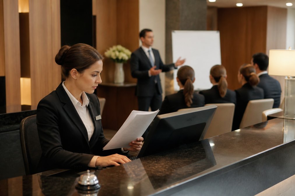 Hotel staff member at front desk reviewing security protocols on a computer monitor, with a professional in the background conducting a training session in modern hotel office setting