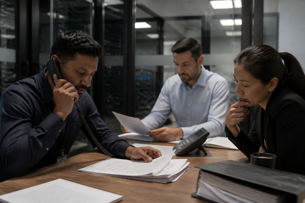 IT security team members in hotel office reviewing incident response documentation and communicating via phone during security incident, with multiple monitors displaying system status information