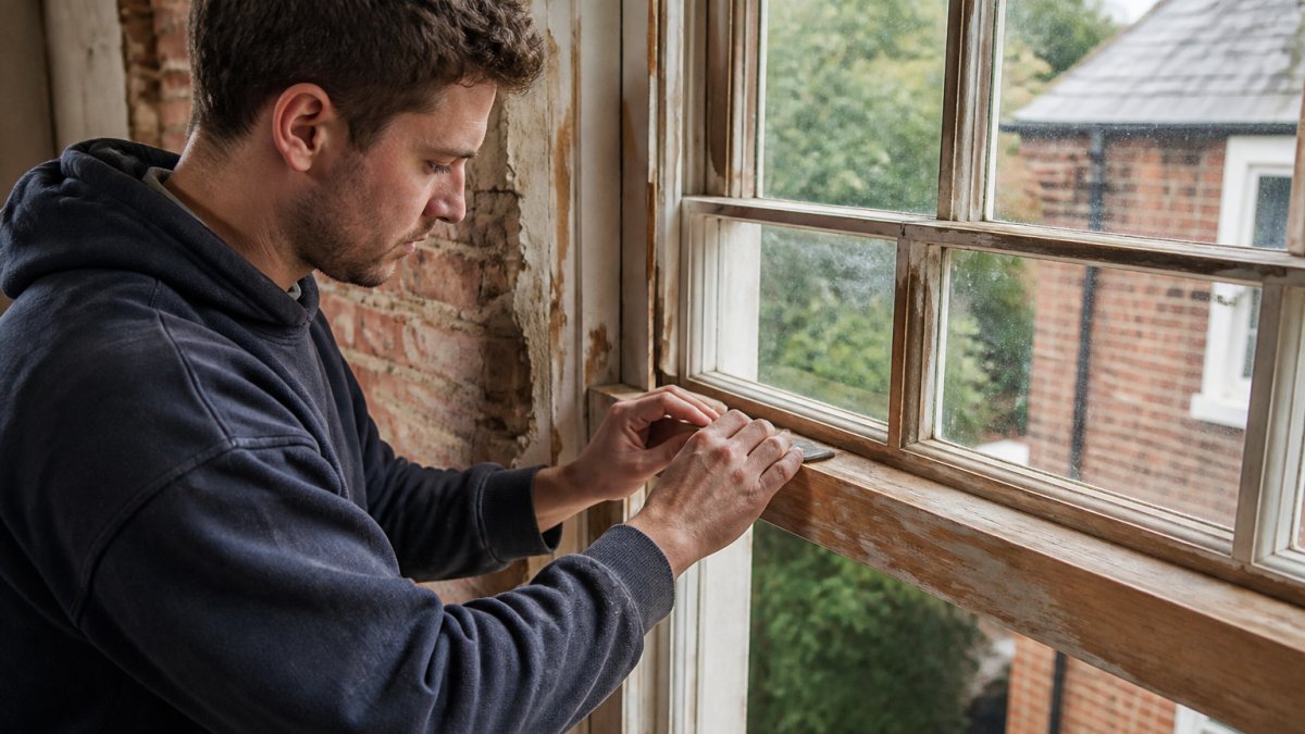 A craftsperson carefully repairing a traditional timber window frame in a period property, with historic brickwork and lime plaster visible in the background