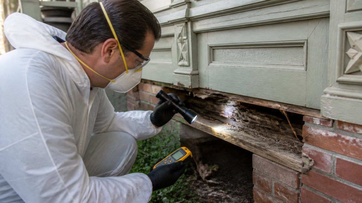 A pest control technician in protective gear inspecting the wooden foundation and sill plate of an older home, using a flashlight and moisture meter, with historic architectural details visible