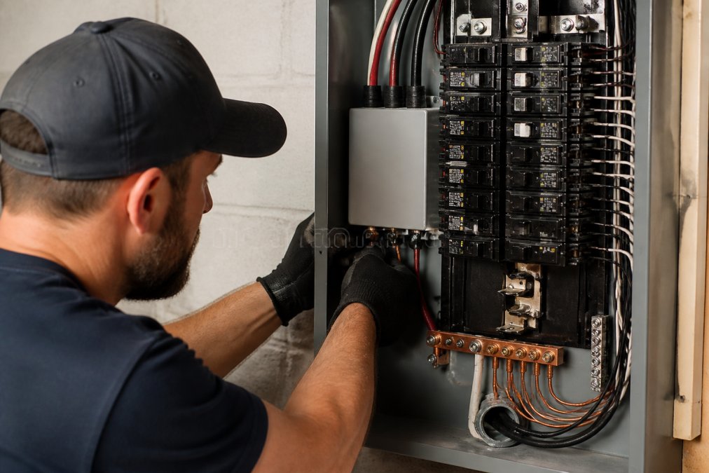 Licensed electrician installing a hardwired surge protection device on an electrical panel with visible circuit breakers and copper grounding connections