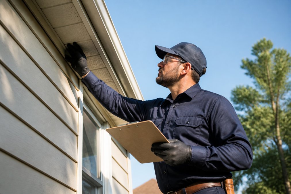 A uniformed technician inspecting a home's exterior siding and gutters on a clear day, holding a clipboard and wearing safety gear