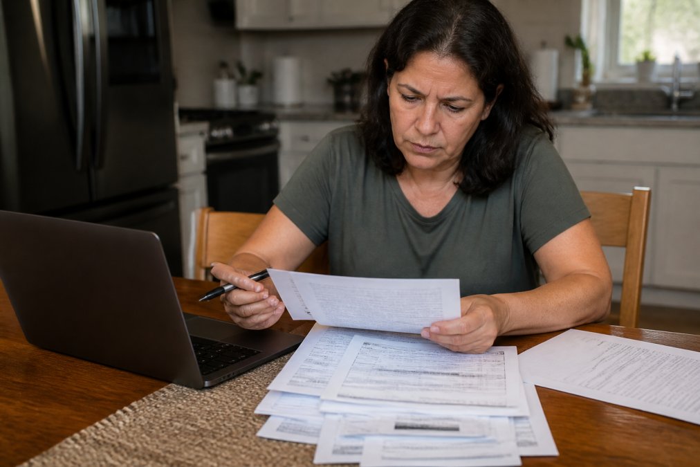 A person at a kitchen table reviewing a stack of bank statements and a court notice, pen in hand, with a laptop open beside them