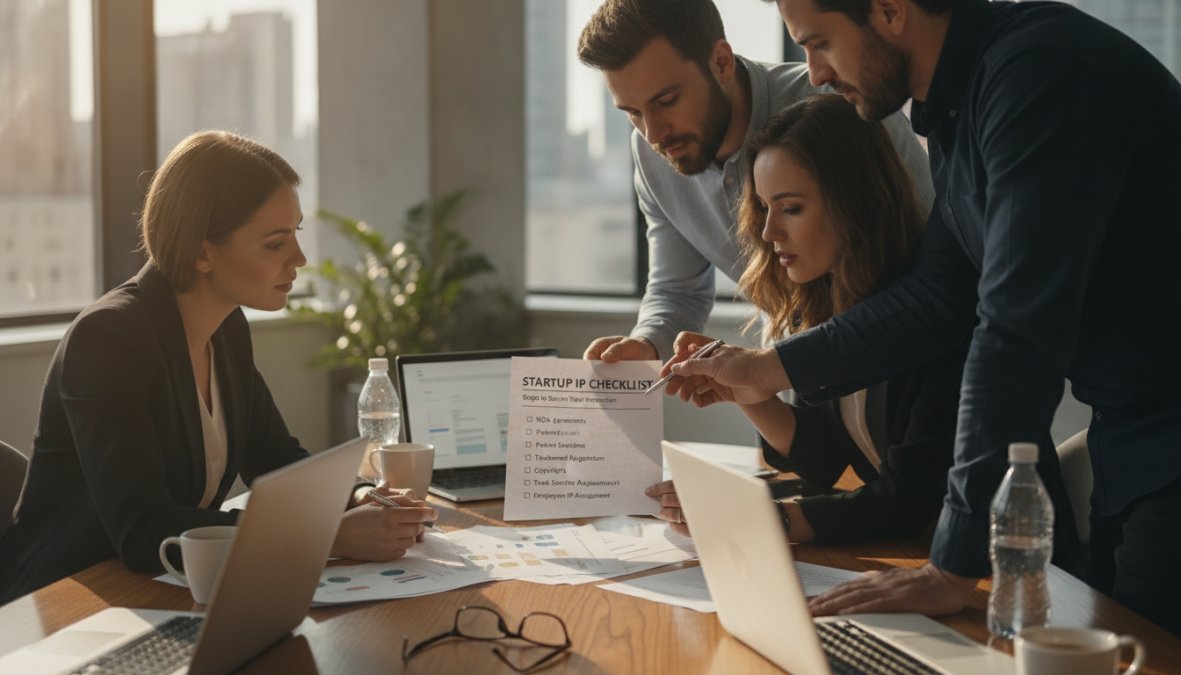 A small business team gathered around a conference table reviewing a checklist on printed documents, with laptops and coffee cups visible, bright modern office setting