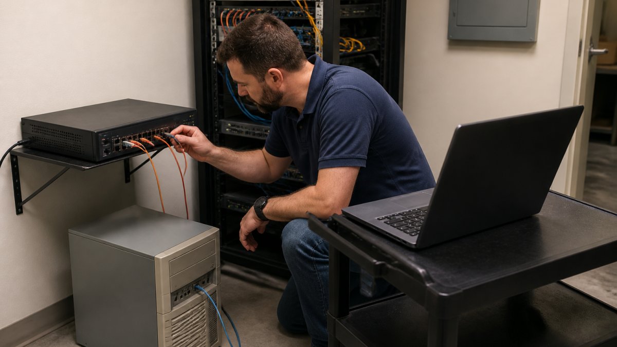 An IT technician in a small server room tracing cables between an older tower server and a modern firewall appliance, with a laptop showing network diagrams on a cart nearby