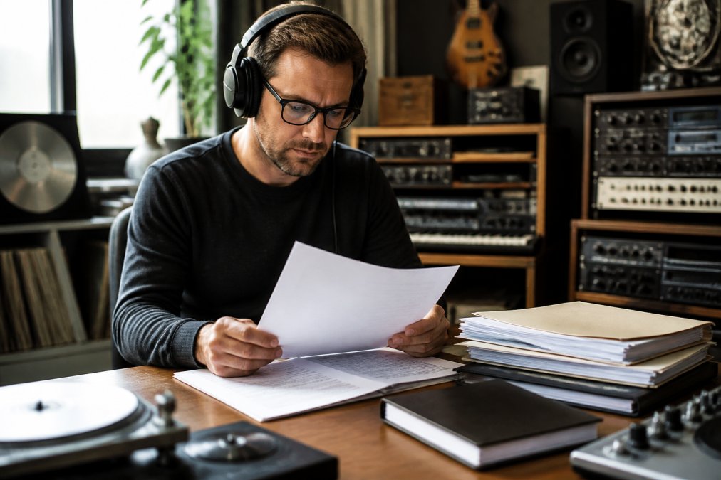 Music label manager at desk reviewing copyright documents and working on computer with headphones and music production equipment visible in background