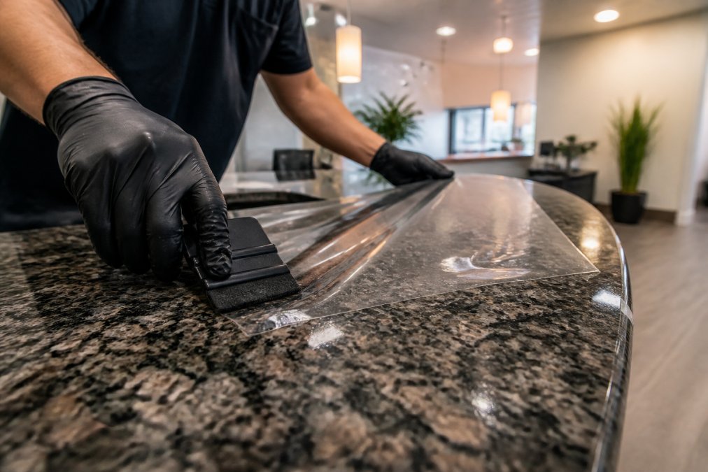 Close-up of gloved hands applying a transparent protective film to a polished granite office countertop in a bright commercial office setting, with a squeegee tool smoothing out air bubbles under warm overhead lighting