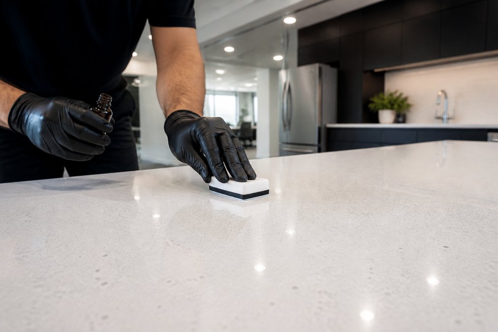 A professional technician in gloves applying a liquid ceramic coating to a smooth quartz countertop surface in a modern office break room, using a foam applicator pad under bright overhead lighting