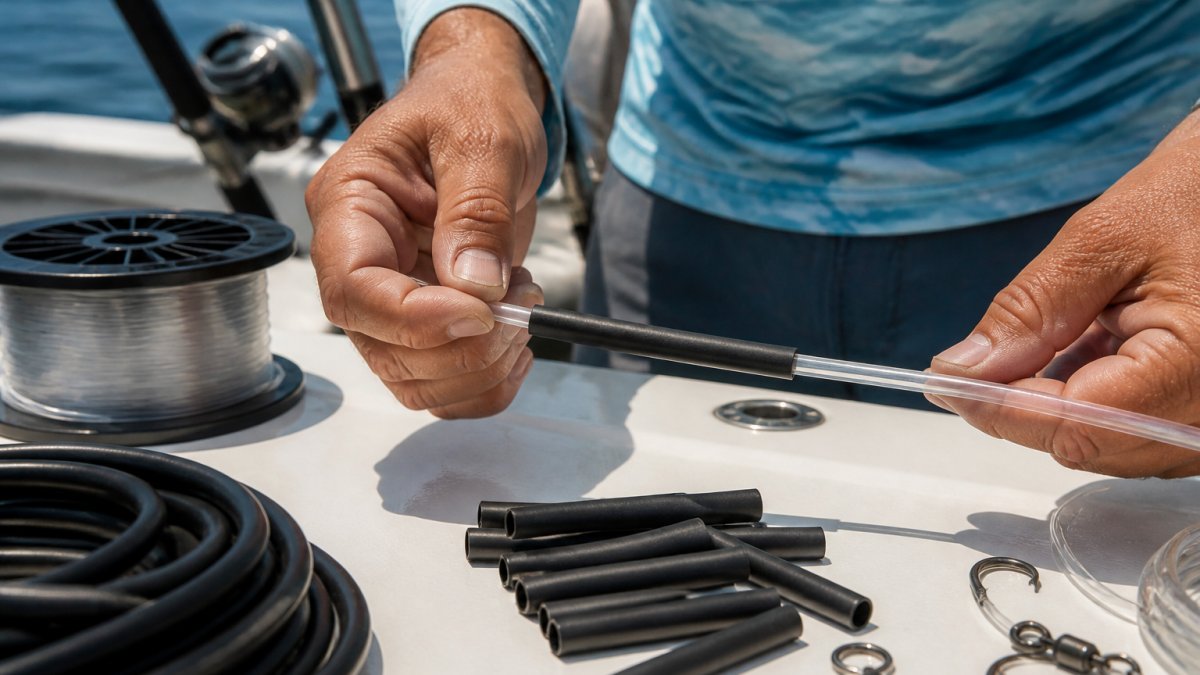Close-up of an angler's hands sliding protective chafe tubing over a heavy monofilament leader on the deck of a sport fishing boat, with spools of leader material and rigging tools visible