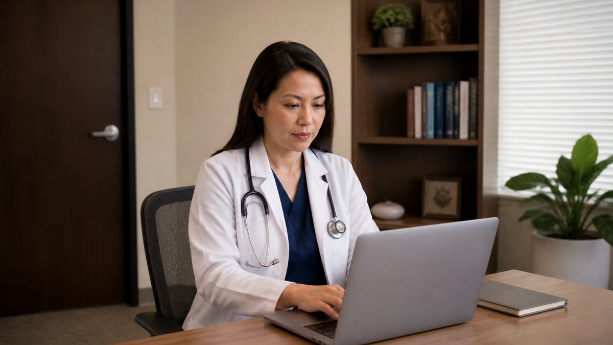 Healthcare professional in a private office protecting patient health information during virtual consultations