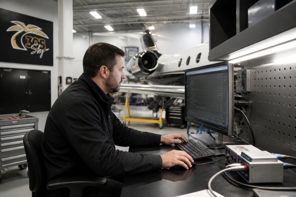 Professional technician working at a secure avionics workstation, reviewing system diagnostics on a computer terminal in a modern aircraft maintenance facility with controlled lighting