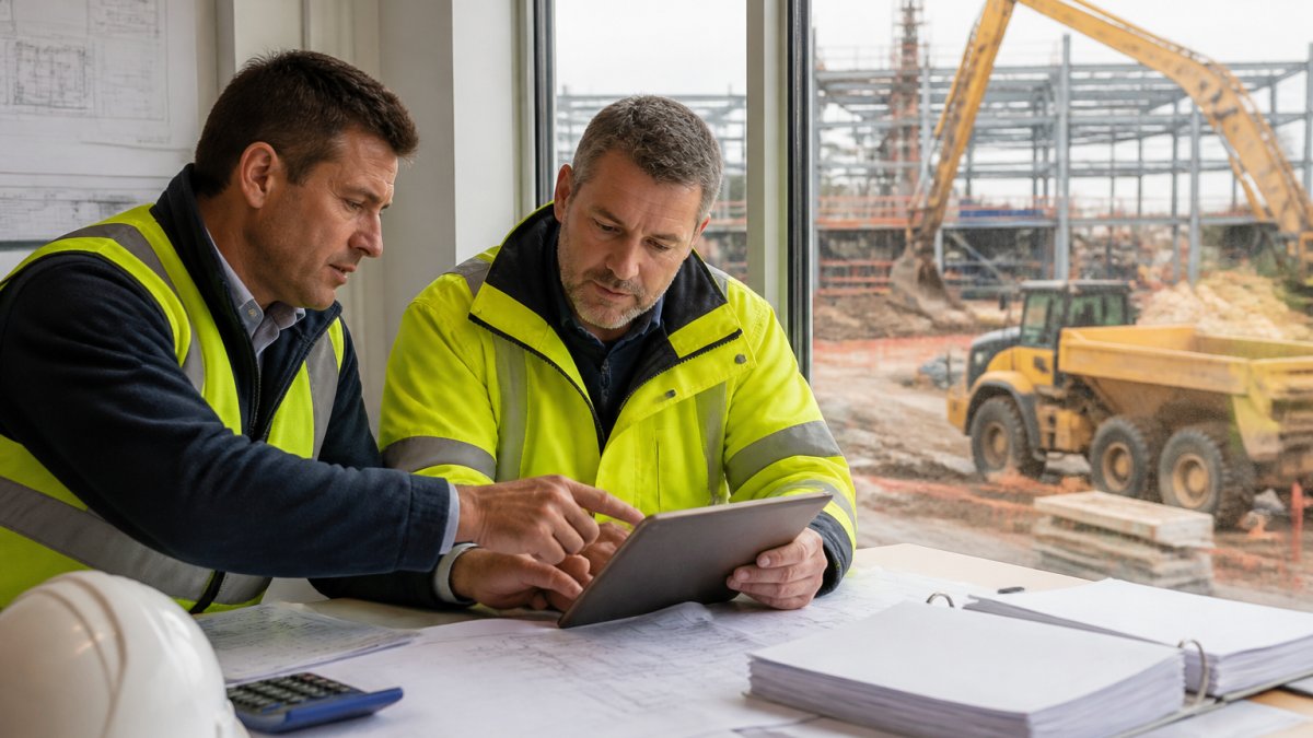 A project director and commercial manager reviewing financial documents and blueprints on a tablet at a large-scale construction site office, with heavy machinery visible through the window