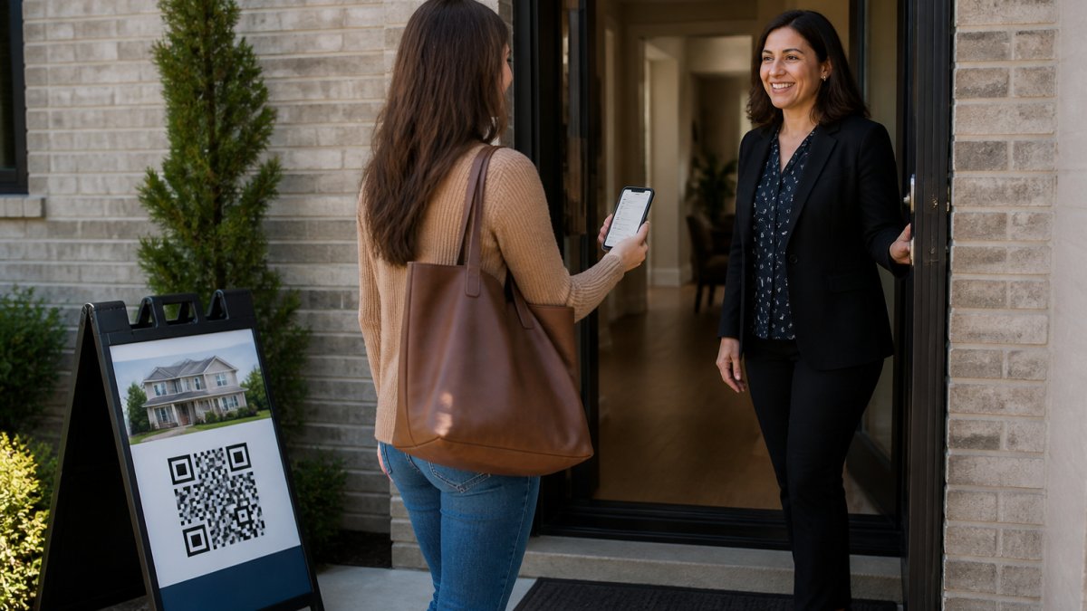 Process diagram showing how QR codes secure real estate lead data during open house visitor sign-ins