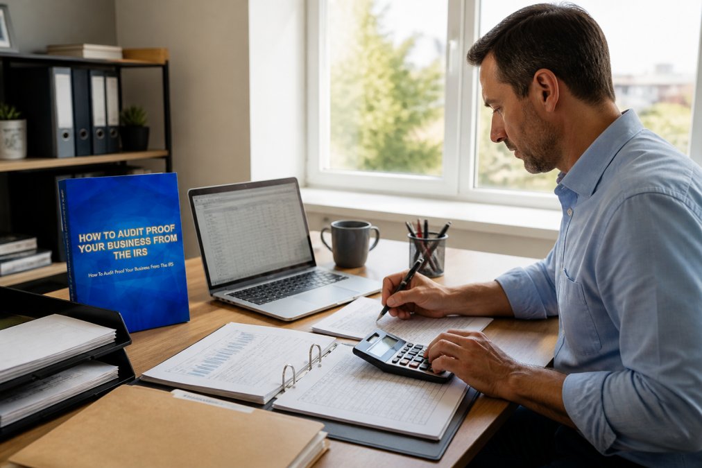 Real estate investor sitting at desk with organized folders and rental property documents, laptop displaying accounting software, calculator and spreadsheets visible, natural office lighting from nearby window