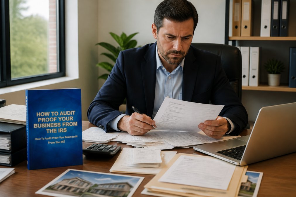 Professional tax advisor in business attire reviewing detailed financial records, receipts, and property documents at organized desk with calculator, filing system, and laptop showing accounting data, natural office lighting