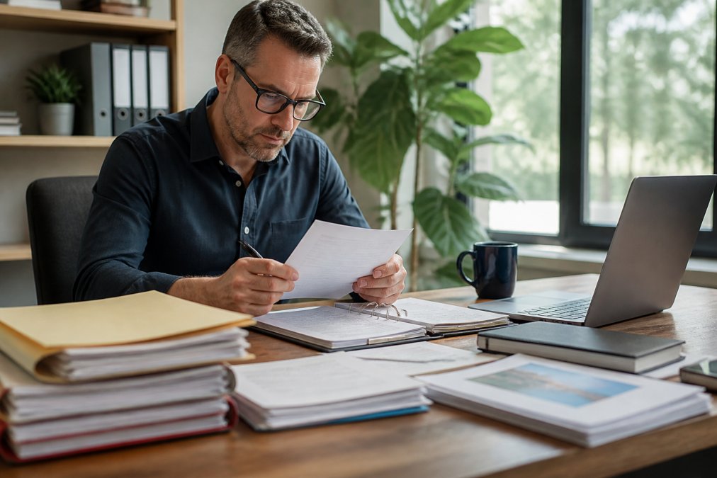 Real estate investor or landlord reviewing property documents, lease agreements, and ownership structures at a wooden desk with multiple files, folders, and a laptop displaying property information in a modern office with natural window lighting