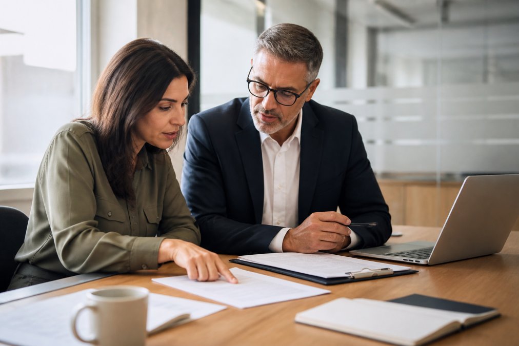 Insurance advisor or professional meeting with property owner in a well-lit office setting, reviewing rental property insurance policy documents and coverage details on a desk with laptop, papers, and coffee