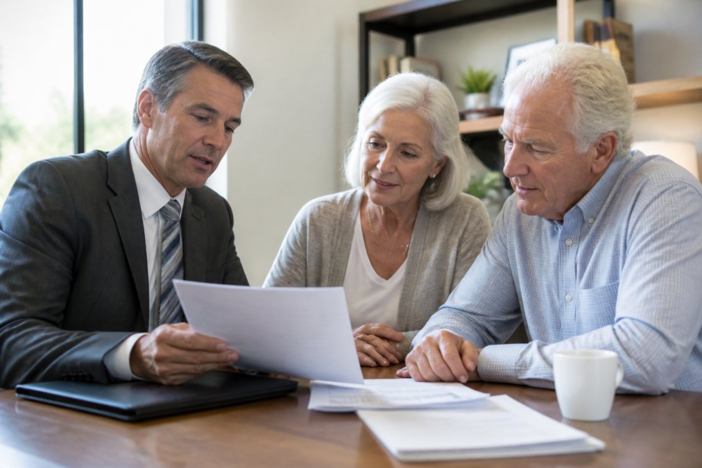 A financial advisor and retiree couple reviewing portfolio documents and retirement planning statements together at a desk in a professional office setting with natural window lighting