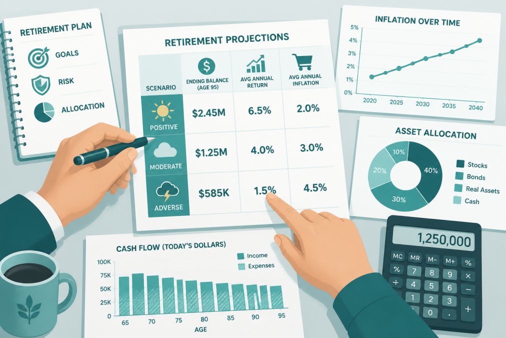 Close-up of hands pointing to financial projections and retirement planning documents on a table with a calculator and inflation charts nearby