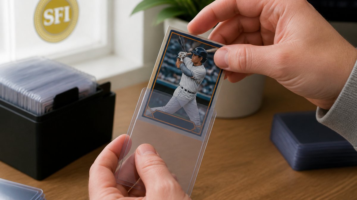 Step-by-step guide for protecting sports cards in top loaders by sliding the card in at a safe, slight angle.