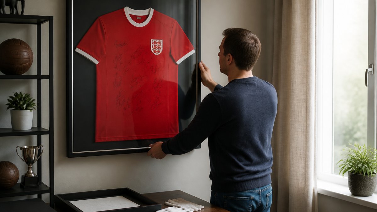 A collector adjusts a framed signed football shirt, a key piece of sports memorabilia, away from window light.