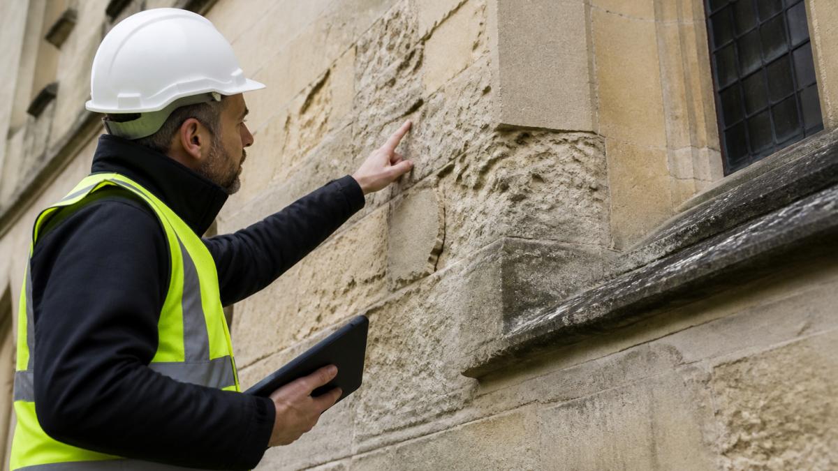 Professional surveyor examining deteriorated stone facade of historic building, pointing to weathered areas and erosion damage with natural daylight illuminating the damage patterns
