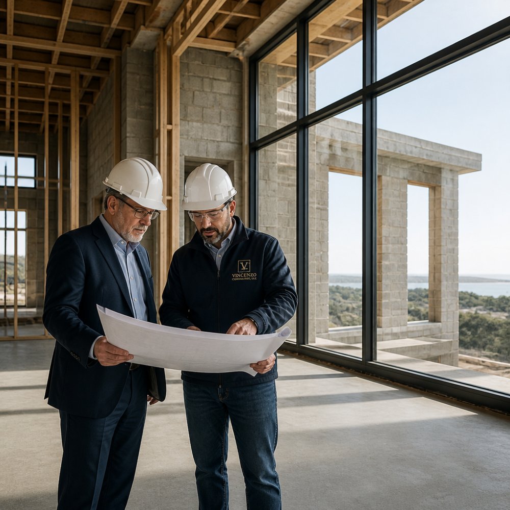 A construction site manager in a hard hat and safety glasses reviewing blueprints on a tablet with an architect, standing inside a partially built luxury home with large window openings