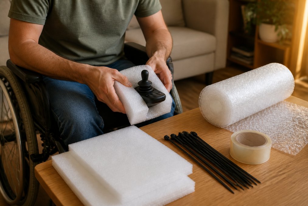 A traveler wrapping foam padding around the joystick controller of a wheelchair at home, with bubble wrap, zip ties, and tape laid out on a nearby table in warm afternoon light