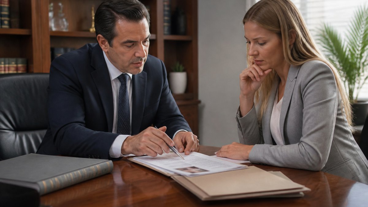 Professional attorney and client in serious consultation at wooden desk, reviewing legal documents together, natural office lighting, focused expressions