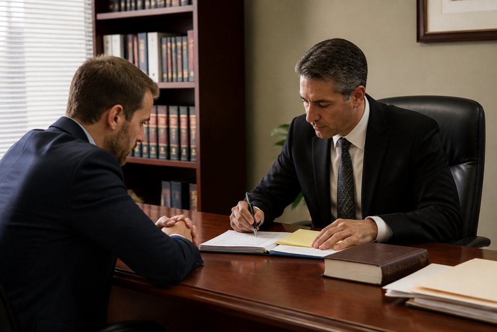 Attorney and client reviewing documents to protect a professional license during criminal case proceedings.