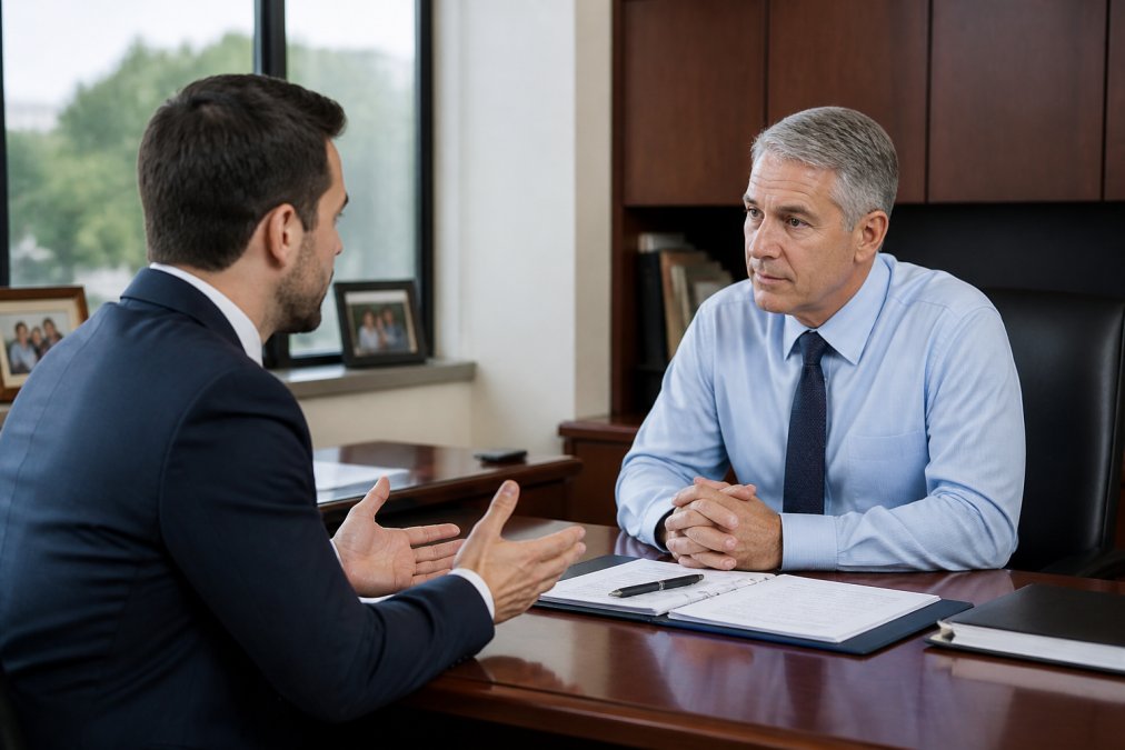 Professional in business attire having a serious conversation with a manager in an office setting, showing respectful dialogue across a desk with documents visible
