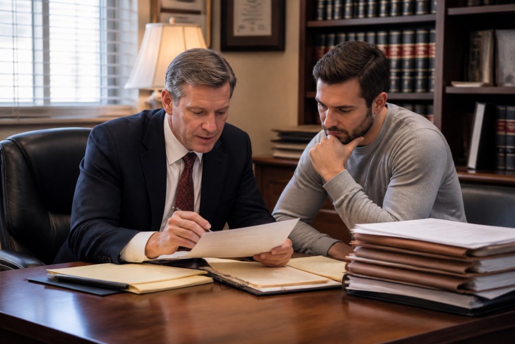 Defense attorney and client reviewing documents together in a law office setting, showing collaborative legal strategy and case preparation with documents and legal files visible