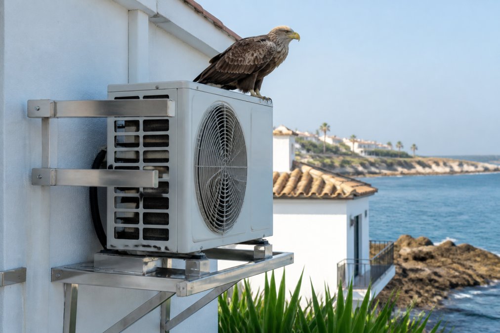 Un águila marina descansando sobre una estructura de acero inoxidable bien instalada con soportes visibles y tuberías de drenaje protegidas en un entorno costero