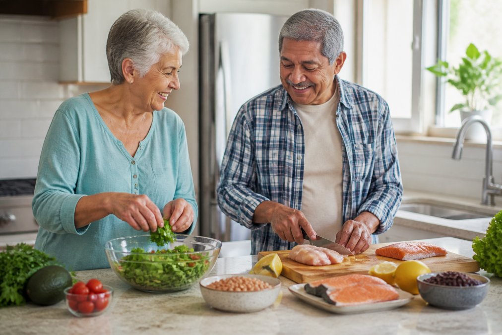 A senior couple cooking a healthy meal with lean protein sources together in a bright kitchen