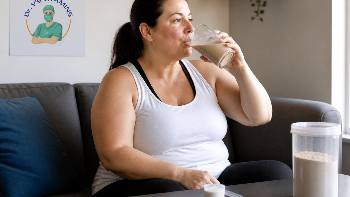 Bariatric patient sipping a protein shake slowly from a clear glass at home, showing proper consumption technique with careful posture