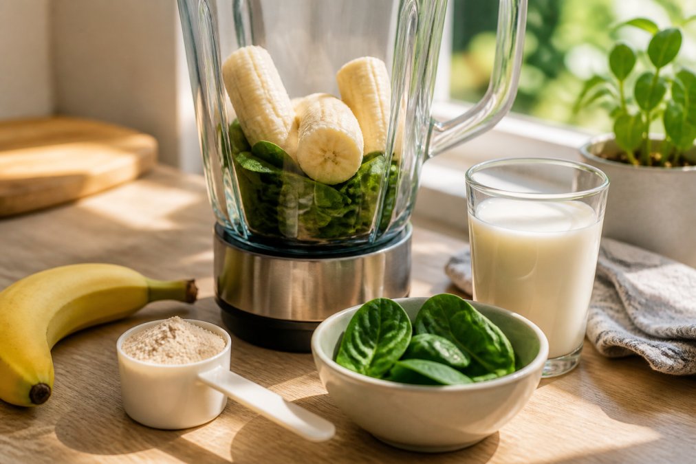 Close-up of a blender with fresh ingredients including a ripe banana, handful of fresh spinach, glass of almond milk, and a white scoop of protein powder on a light wooden kitchen counter with natural morning sunlight streaming in