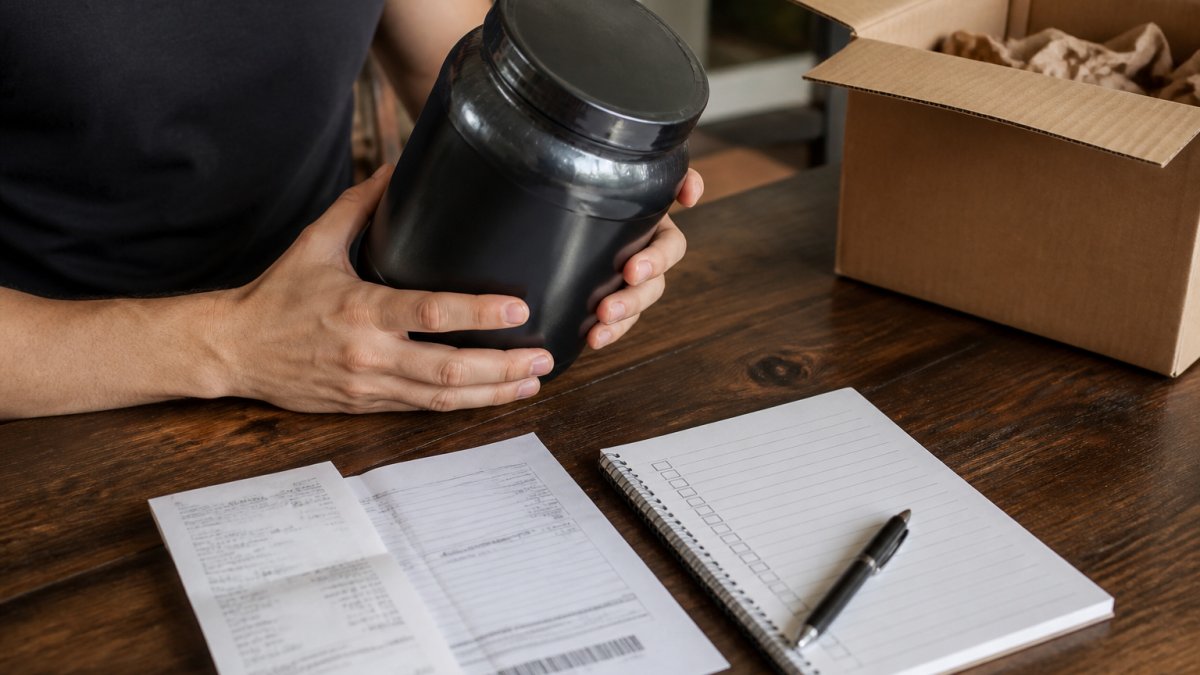Person holding a sealed protein powder container next to their receipt and order confirmation on a desk, with a checklist and pen nearby