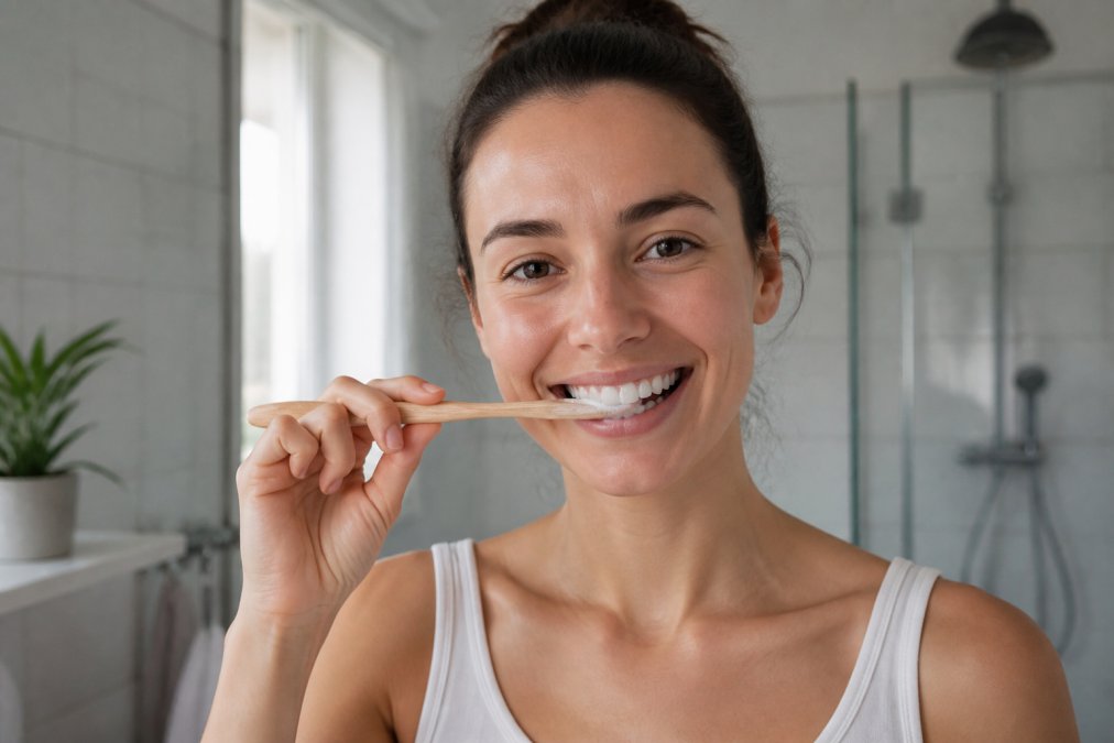 Person brushing their teeth with natural toothpowder, showing healthy pink gums with a confident expression in bright bathroom lighting
