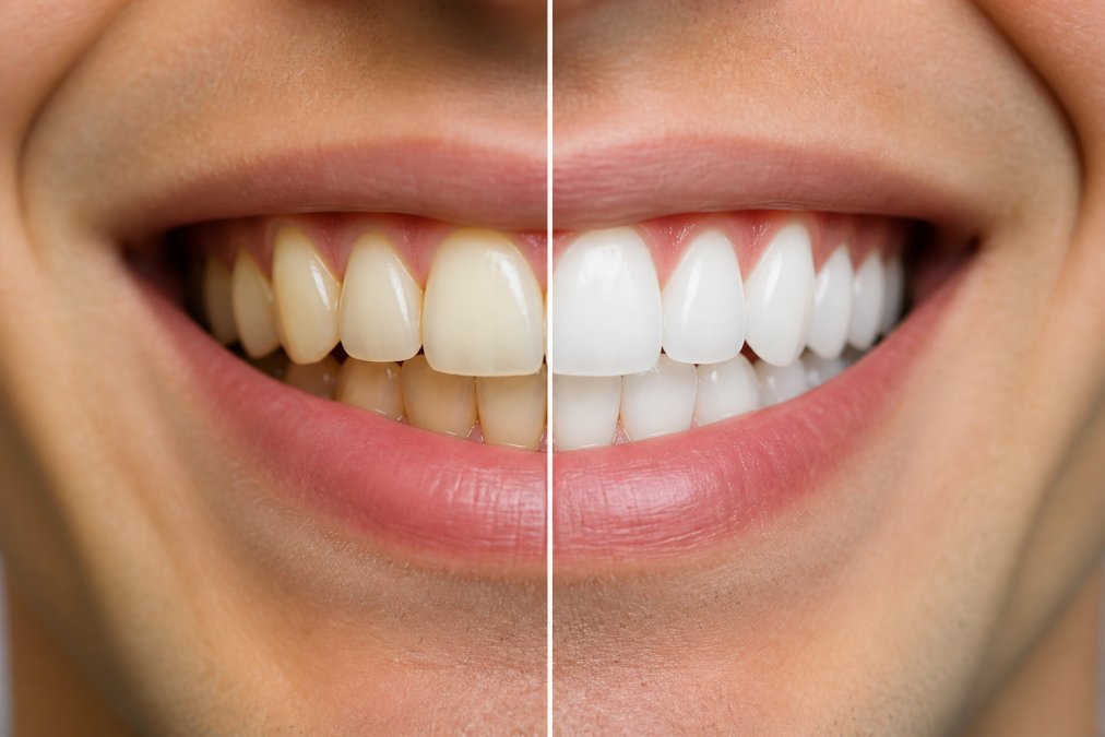 Split-screen close-up of a person's smile showing noticeably whiter, brighter teeth with natural lighting highlighting the contrast