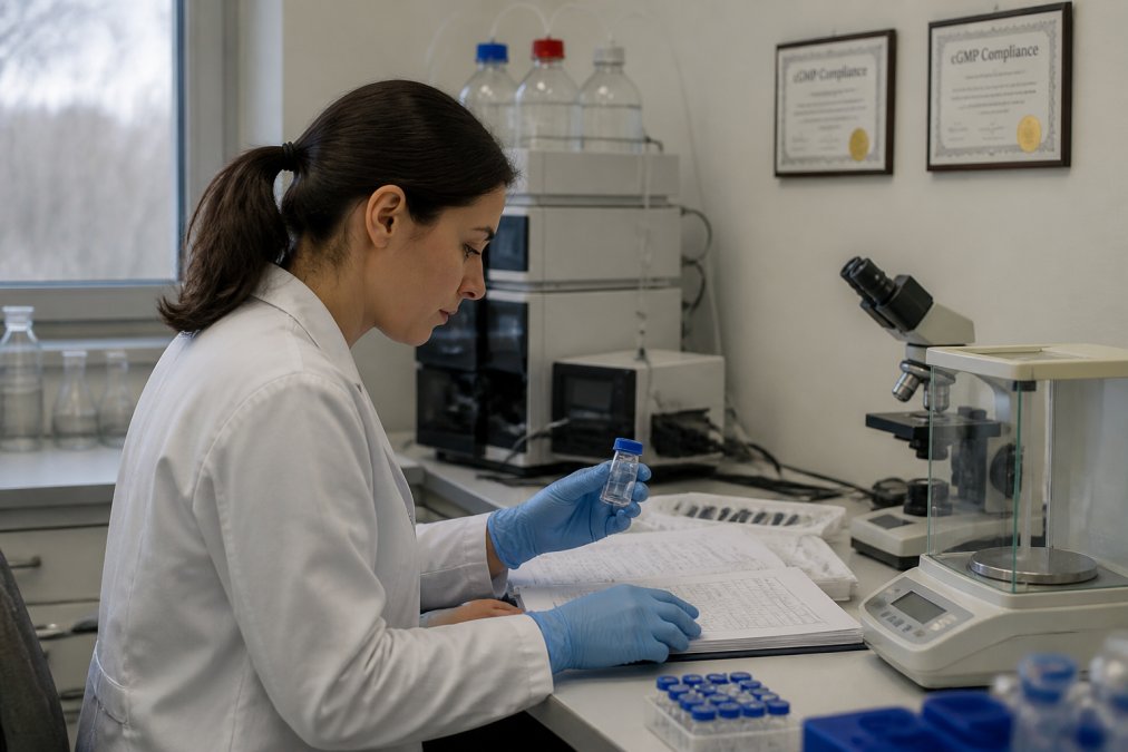Research scientist in laboratory examining peptide samples and reviewing quality documentation at a workstation with analytical equipment and cGMP compliance certificates visible on the wall