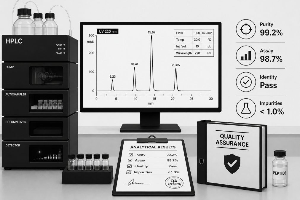 Close-up of laboratory analytical equipment in a clean research environment with HPLC instrument display showing chromatogram results and quality assurance documentation visible
