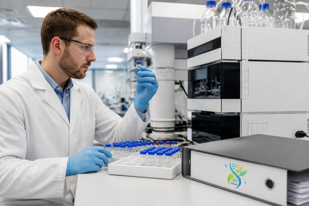 Professional laboratory scientist examining peptide samples in glass vials under bright overhead lighting, with analytical equipment, documentation folders, and HPLC instruments visible on the laboratory bench