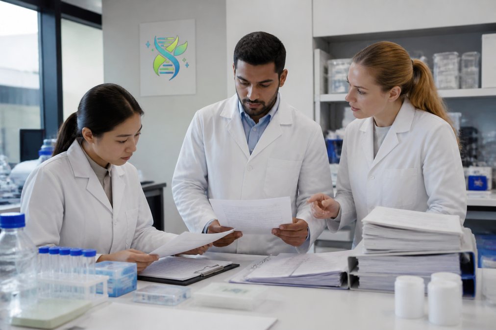 Research team of three professionals reviewing batch documentation and certificates of analysis at a laboratory workstation, with quality assurance documents and compliance folders visible, discussing standards under bright office lighting
